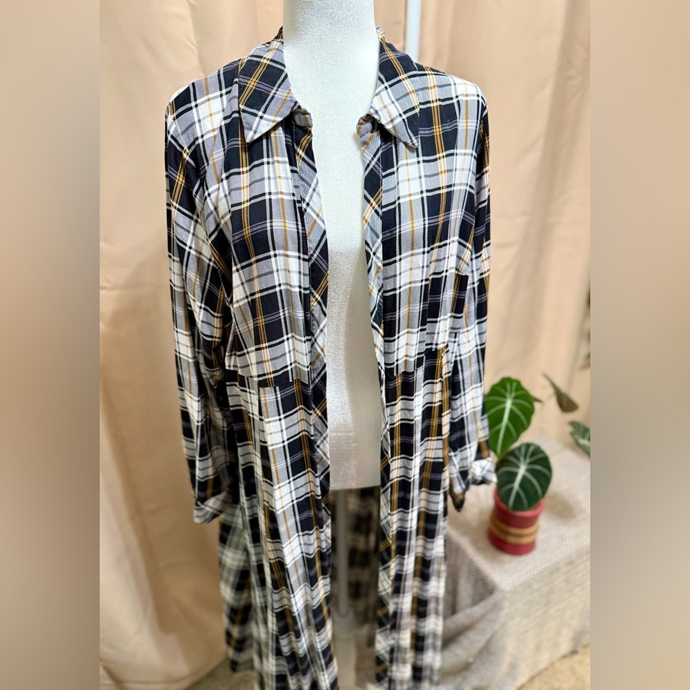 Torrid Plaid Maxi Shirt Dress Duster Long Sleeve Yellow Black White - Sz 2 - Picture 14 of 16